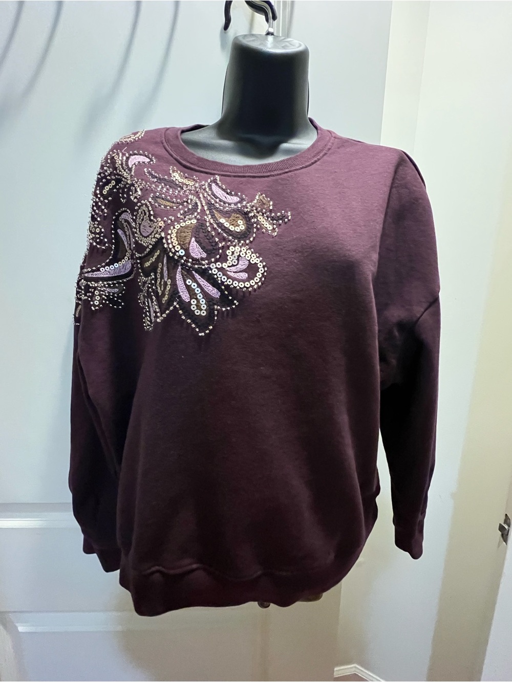 Democracy Maroon Sweatshirt with Sequin Paisley Accent